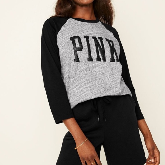 Victoria's Secret PINK Campus Baseball Tee Heather Tiger White / Black M NEW - Picture 1 of 4